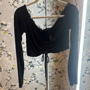 Black Ruched Crop Blouse with Tie Front